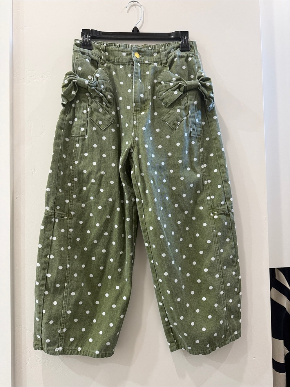 Olive Green Polka Dot Cropped Jeans with Side Bows